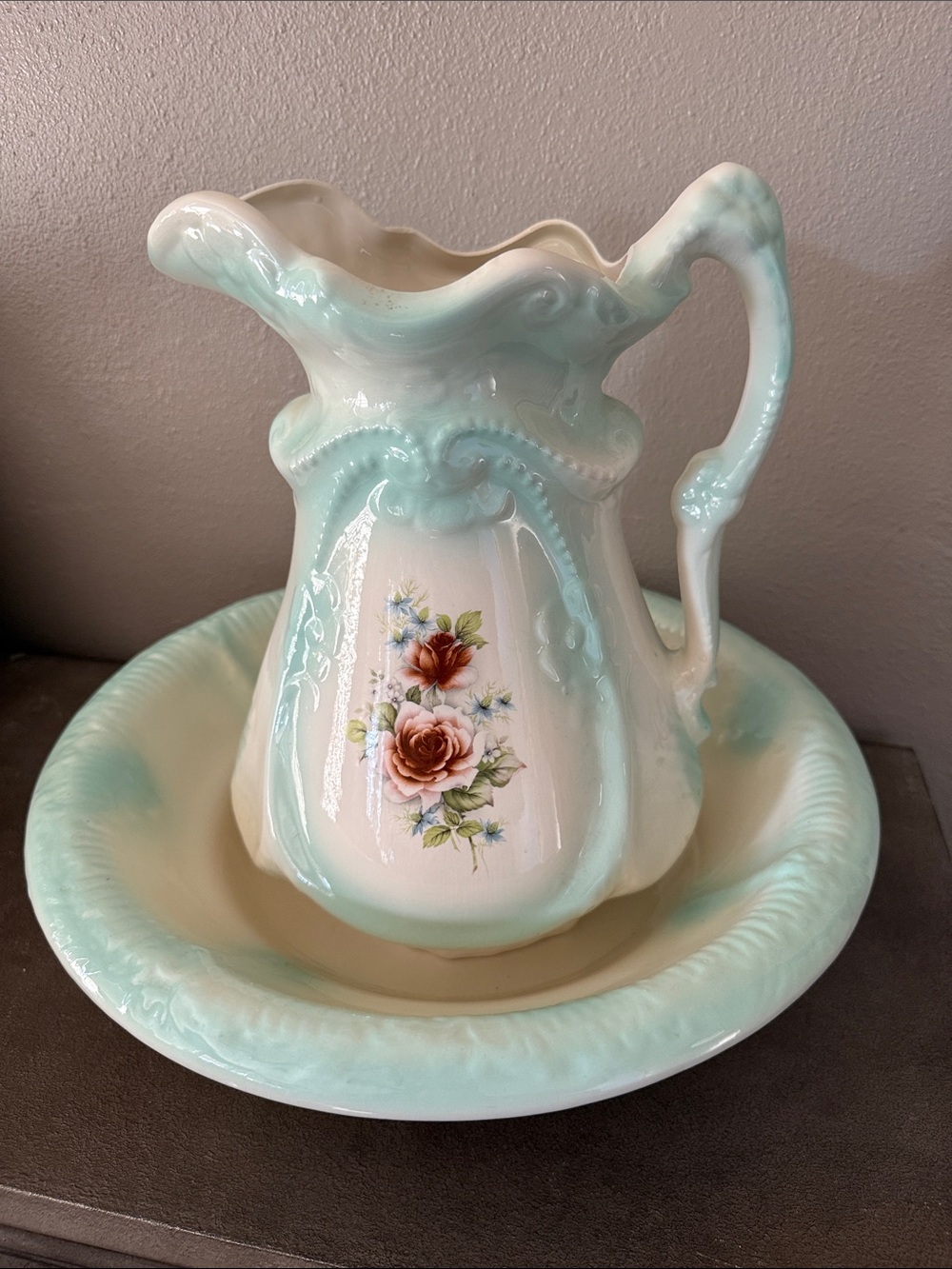 Mint Green Floral Ceramic Pitcher and Basin Set